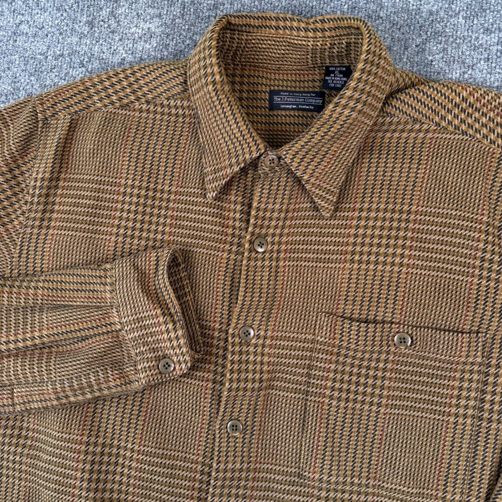 Vintage J Peterman Shirt Mens XL Brown Houndstooth Tweed Overshirt Shacket 90s